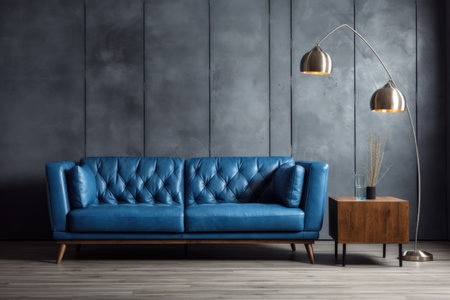 Blue tufted sofa against dark concrete wall with wooden paneling. Loft style interior design of modern living roomの素材