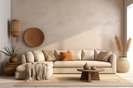 Boho minimalist home interior design of modern living room. Corner sofa in room with beige stucco wallsの素材