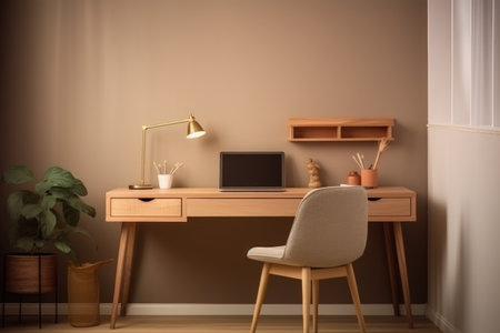 Cozy home workplace with wooden drawer writing desk and fabric chair. Interior design of modern scandinavian home officeの素材