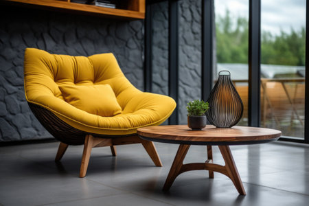 Cute yellow lounge chair near round wooden coffee table and grayの素材