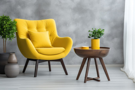Cute yellow lounge chair near round wooden coffee table and grayの素材