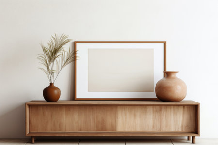 Empty mock up poster frame on concrete wall above wooden cabinet. Rustic style interior design of modern living room in farmhouseの素材