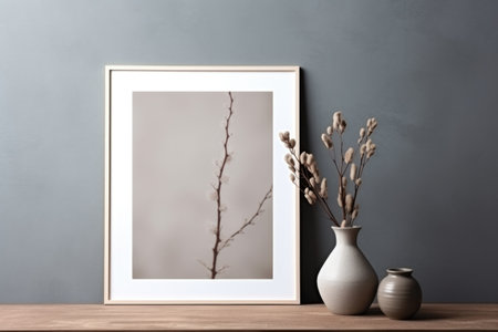 Empty mock up poster frame. Interior design of modern living room with gray stucco wall and clay vase with twigの素材
