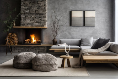 Gray corner sofa in scandinavian home interior design of modern living roomの素材