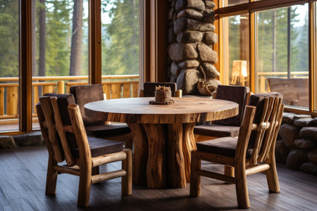 Handmade wooden log furniture, round dining table and chairs. Rustic interior design of modern living room in country house.の素材