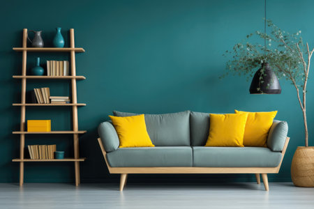 Nice green loveseat sofa with yellow pillows. Wooden bookcase near teal wall. Scandinavian interior design of modern stylish living roomの素材
