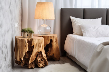 Natural log lampshade near bed. Rustic interior design of modern bedroomの素材