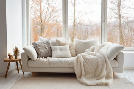 Scandinavian, hygge home interior design of modern living room. Cozy white sofa with pillows and blanket against windowの素材