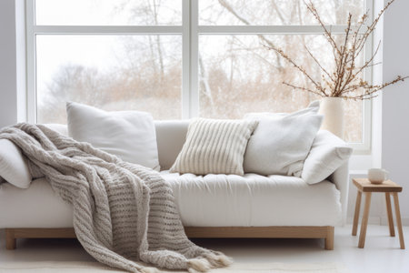 Scandinavian, hygge home interior design of modern living room. Cozy white sofa with pillows and blanket against windowの素材
