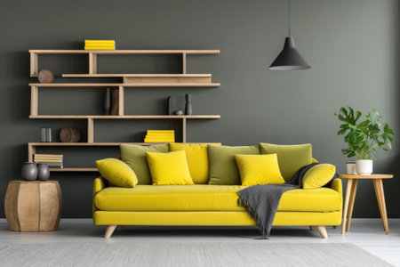 Stylish gray sofa with yellow pillows near green wall with wooden book shelf. Scandinavian interior design of modern living roomの素材