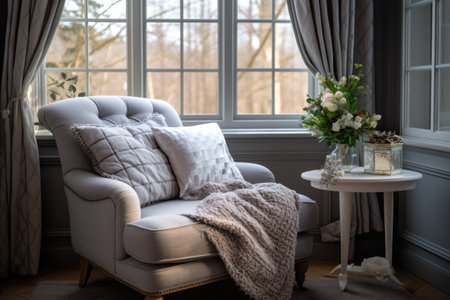Stylish and cozy reading nook. Gray lounge chair against window. French country interior design of modern living roomの素材