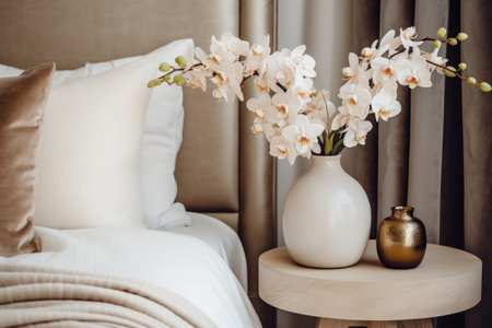 Vase with orchids on bedside table near bed with beige bedding. Art deco style interior design of modern bedroomの素材