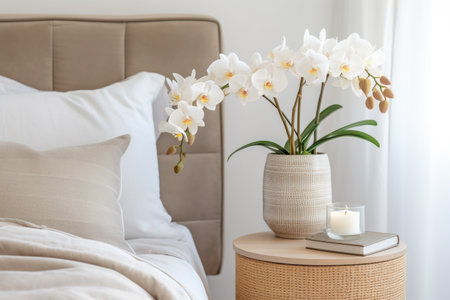 Vase with orchids on bedside table near bed with beige bedding. Art deco style interior design of modern bedroomの素材