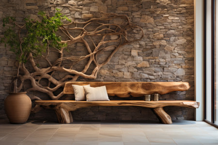 Wild stone cladding wall and wooden bench. Decorative tree trunks composition in rustic style interior design of modern entrance hallの素材