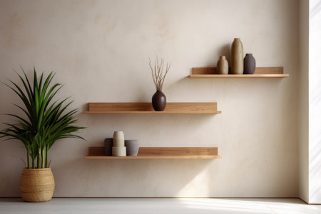 Wood wall floating shelf on stucco wall. Storage organization for home. Interior design of modern living roomの素材