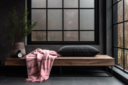 Wooden bench and pink blanket on it at black grid window. Loft rustic style interior design of modern living roomの素材
