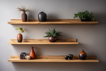 Wooden wall floating shelves with home decorative pieces. Storage organization for home. Interior design of modern living roomの素材