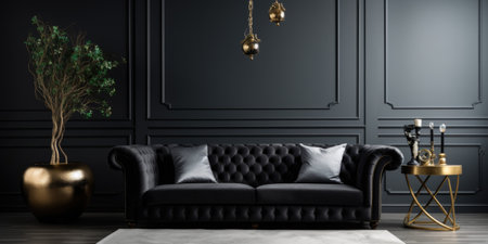 Black velvet elegant sofa. Interior design of modern living roomの素材