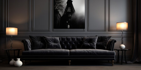 Black velvet elegant sofa. Interior design of modern living roomの素材