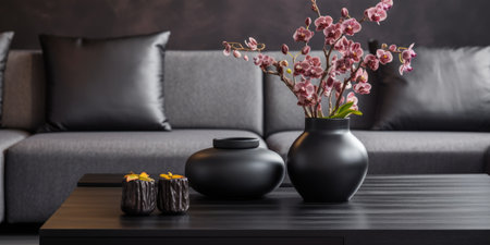 Black sofa and coffee table with decorative vases. Interior design of modern living roomの素材