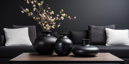 Black sofa and coffee table with decorative vases. Interior design of modern living roomの素材