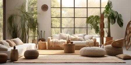 Boho interior design of modern living room with wicker furnitureの素材
