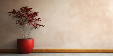 Interior background of room with stucco wall and pot with red plantの素材