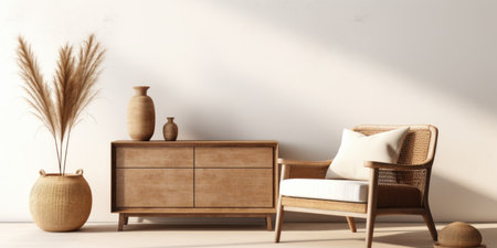 Interior design of living room with wooden dresser and wicker armchair, modern home decorの素材