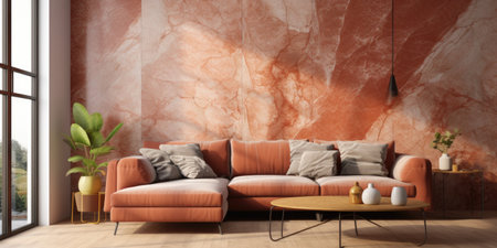 Interior design of modern living room with marbling wall and terra cotta corner sofaの素材