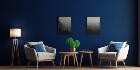 Interior with armchairs and coffee tables in living room with window and mock up poster on dark blue wallの素材