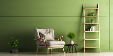 Interior with green armchair and ladder shelf in modern living room with wooden paneling and mockup wallの素材