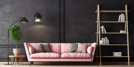 Interior with pink sofa and ladder shelf in modern living room with wooden paneling and black mockup wallの素材
