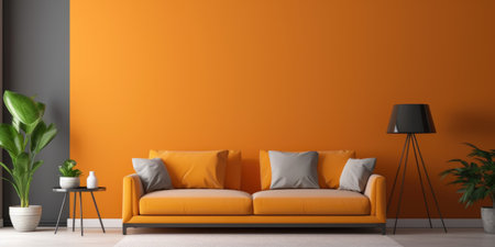 Interior with orange sofa in modern living room with mockup wall, home designの素材