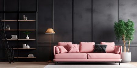 Interior with pink sofa and ladder shelf in modern living room with wooden paneling and black mockup wallの素材