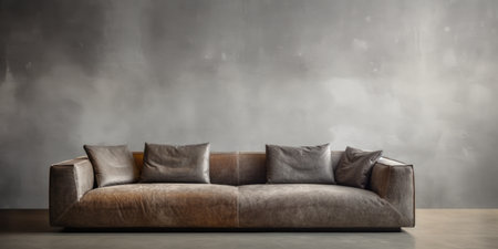 Luxury sofa against grunge concrete wall. Interior design of modern living roomの素材