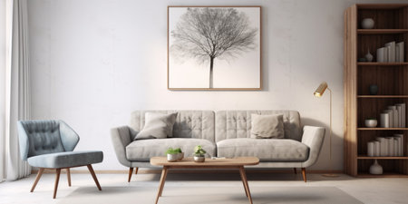 Modern scandinavian style interior of living room with gray sofa, white wall with doorの素材