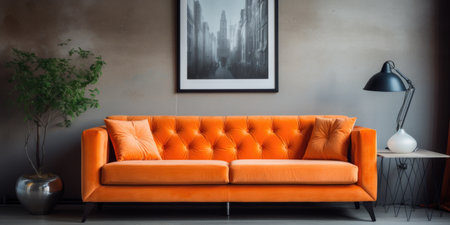 Orange tufted velvet sofa and frame on the wall. Interior design of modern living roomの素材