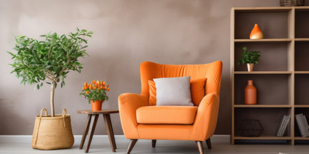 Terra cotta armchair in bright apartment. Interior design of modern living roomの素材