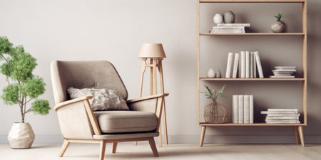 Wooden bookshelf and armchair. Scandinavian interior design of modern living roomの素材