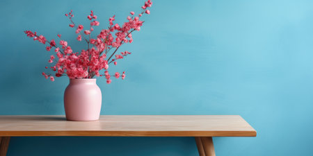 Wooden table with flowers in vase over blue and pink wall background. Interior design of modern living roomの素材