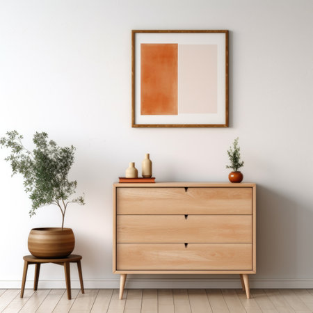 Wooden rustic chest of drawers near wall with blank poster frame with copy space. Interior design of beautiful modern living roomの素材