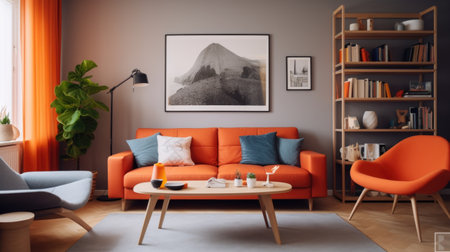 Cozy serene studio apartment with orange sofa. Scandinavian style interior design of cute modern living roomの素材