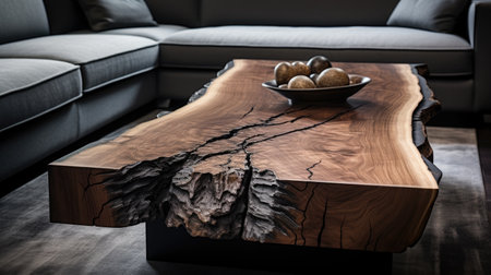 Live edge wooden coffee table close up. Interior design of cute modern living roomの素材