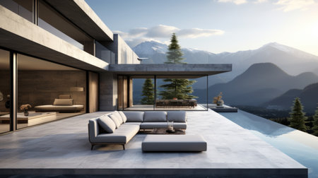 Modern minimalist concrete house in cute mountains. Luxury villa with terrace and poolの素材