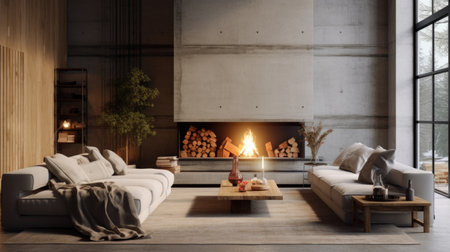 Spacious room with concrete walls and ceiling. Minimalist loft interior design of cute modern living room with fireplaceの素材