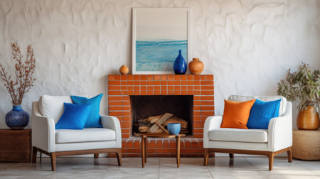 Terra cotta armchairs near white sofa with cute blue cushions in room with fireplace. Mid-century style home interior designの素材