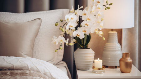 Vase with orchids on cute bedside table near bed with beige bedding. Art deco style interior design of modern bedroomの素材