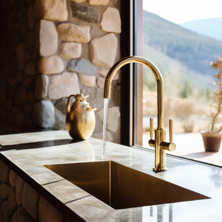 Brass kitchen water mixer tap on stone counter against cute windowの素材