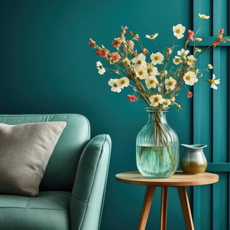 Field flowers bouquet in glass vase on wooden cute coffee table against turquoise wall backgroundの素材