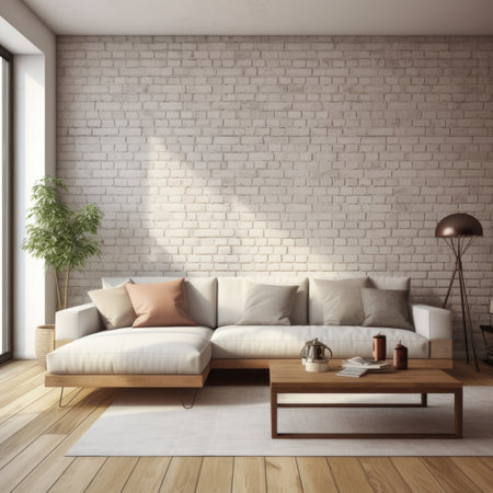 Interior design of cute modern apartment, living room with corner sofa over the white brick wall. Home interior with coffee tableの素材